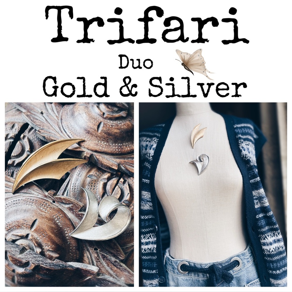 Vintage Trifari Mid-Century Brooch Duo | Gold Swoosh & Silver Swirl
